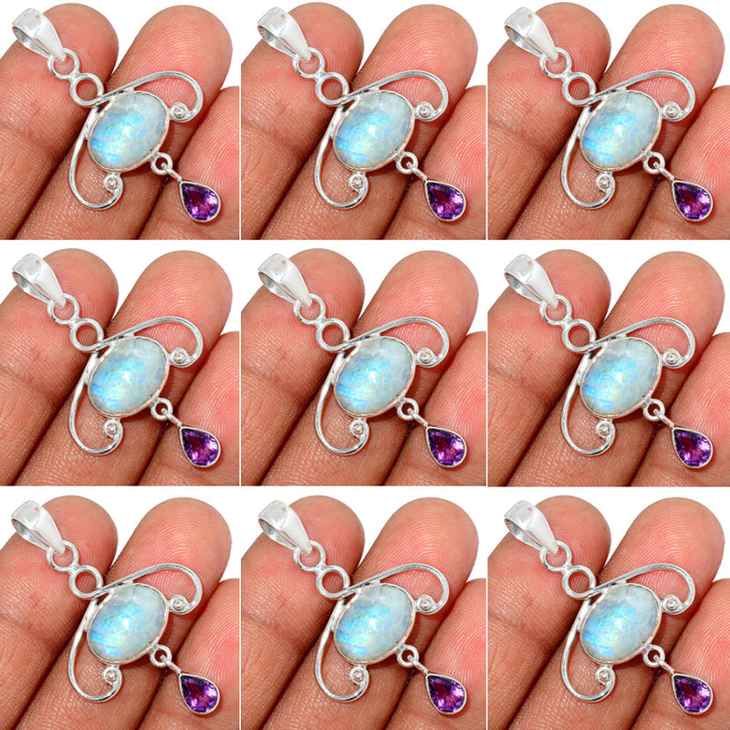 10 Pieces Mix Lot - Rainbow Moonstone & Amethyst Faceted Pendants - GBFMP6