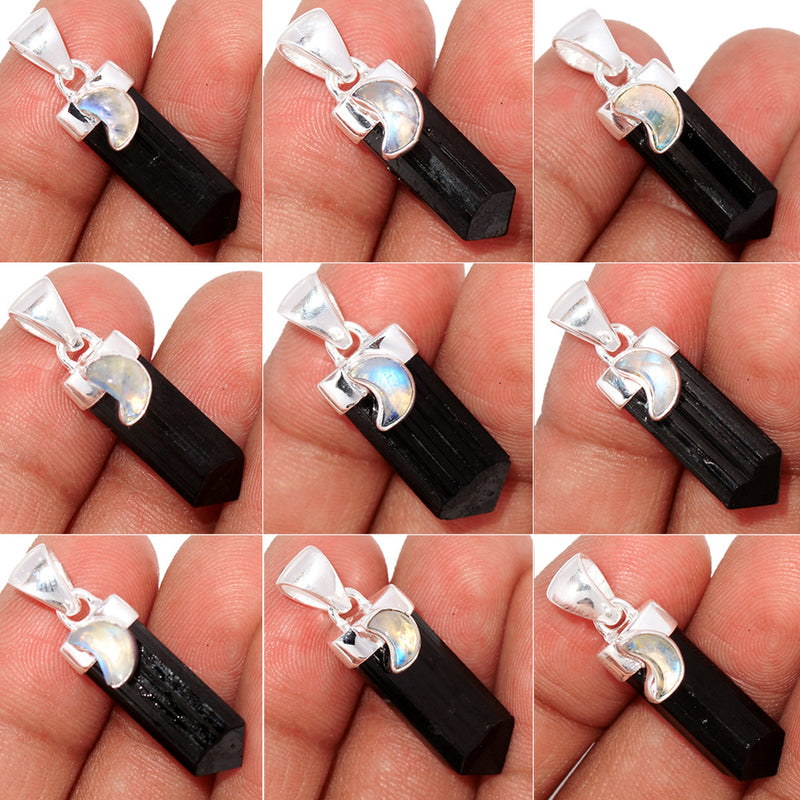 10 Pieces Mix Lot - Moon - Black Tourmaline & Moonstone Pendants - GBTMP8