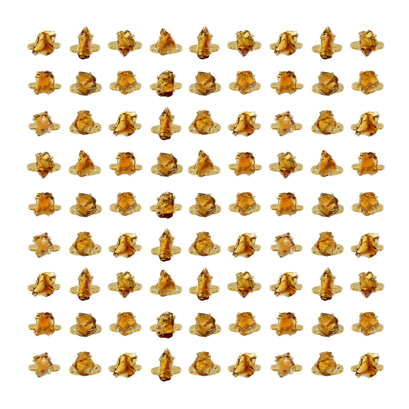 50 Pieces Mix Lot - 2.5 Micron 18k Gold Plated with Claw Setting - Cognac Quartz Rough Rings - GCQRR3