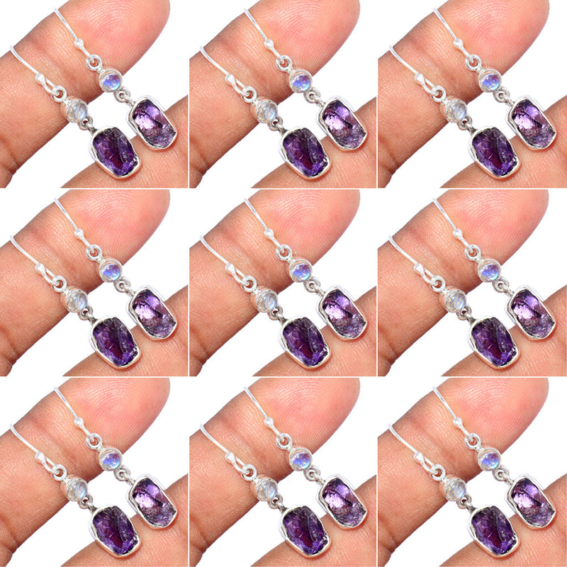 10 Pieces Mix Lot - Amethyst Rough & Rainbow Moonstone Earrings - GDSNE29