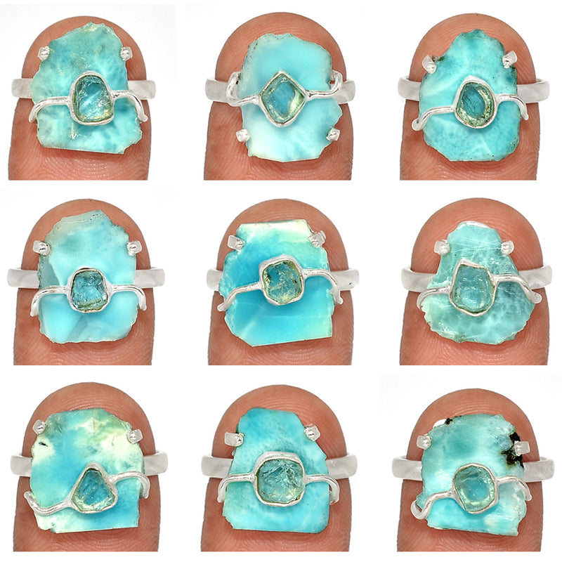 7 Pieces Mix Lot - Claw Setting - Larimar Slice & Aquamarine Rough Ring - GLMSR1