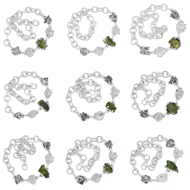 10 Pieces Mix Lot - Claw Setting - Moldavite, Herkimer Diamond & Meteorite Campo Del Cielo Bracelets - GMLDB1