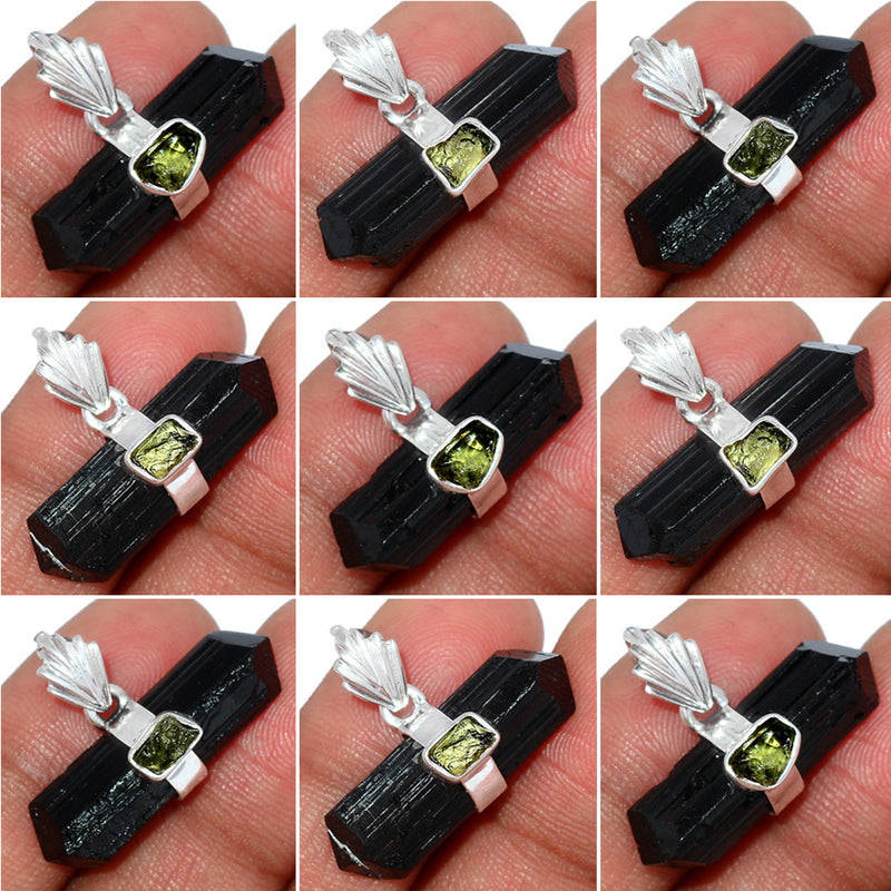 10 Pieces Mix Lot - Moldavite & Black Tourmaline Pencil Pendants - GMLDP11