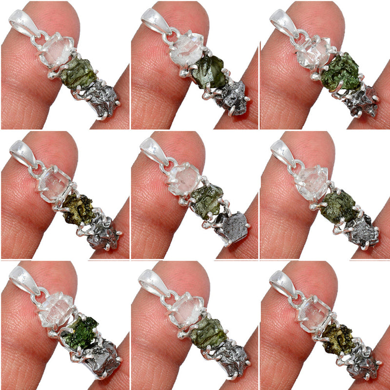 10 Pieces Mix Lot - Claw Setting - Moldavite, Herkimer Diamond & Meteorite Campo Del Cielo Pendants - GMLDP16