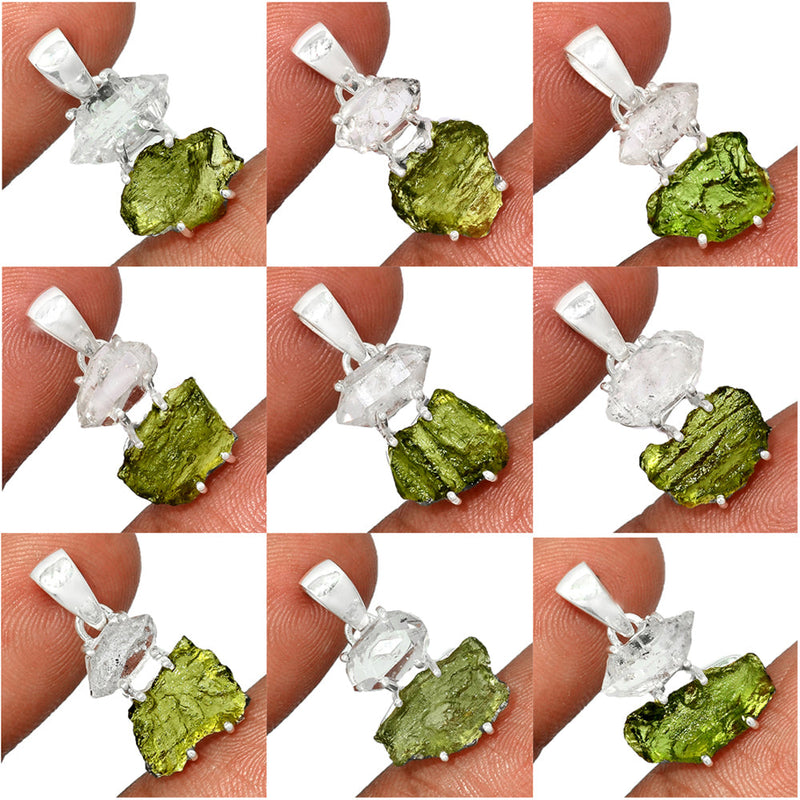 10 Pieces Mix Lot - Claw Setting - Moldavite & Herkimer Diamond Pendants - GMLDP24