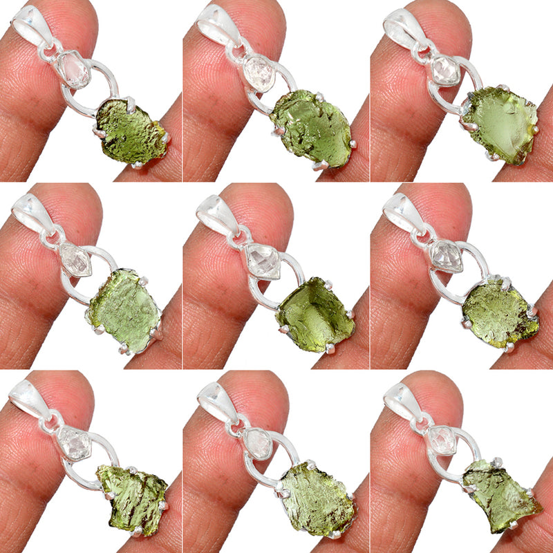 10 Pieces Mix Lot - Claw Setting - Moldavite & Herkimer Diamond Pendants - GMLDP32