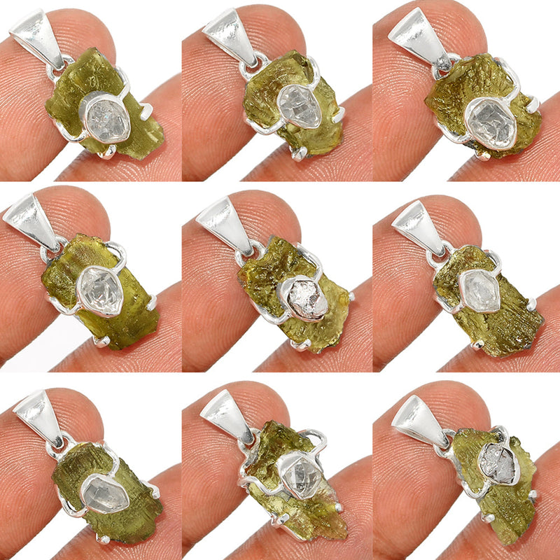 9 Pieces Mix Lot - Moldavite With Herkimer Diamond Pendants - GMLDP36
