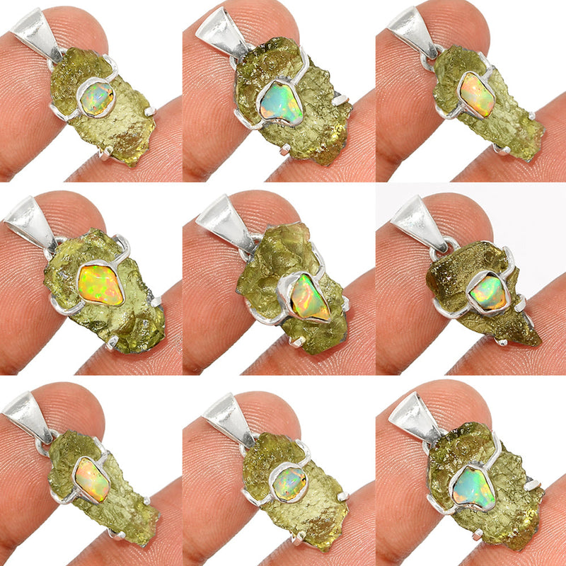 9 Pieces Mix Lot - Moldavite With Ethiopian Opal Polish Rough Pendants - GMLDP39