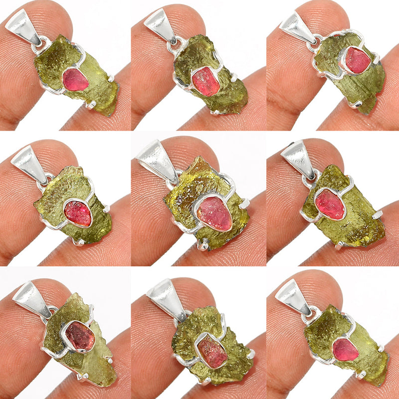 9 Pieces Mix Lot - Moldavite With Pink Tourmaline Rough Pendants - GMLDP40