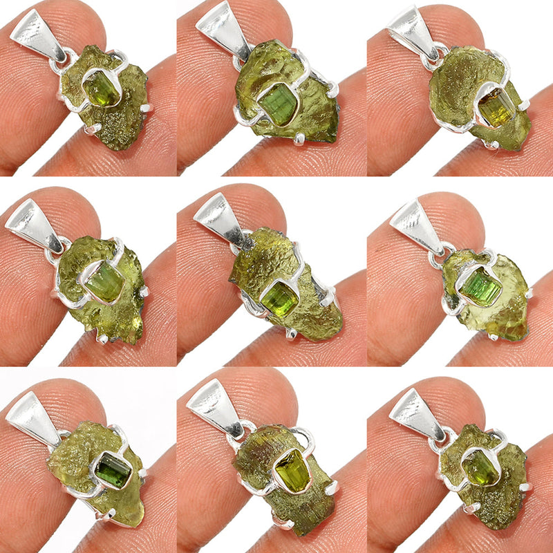 9 Pieces Mix Lot - Moldavite With Green Tourmaline Rough Pendants - GMLDP41