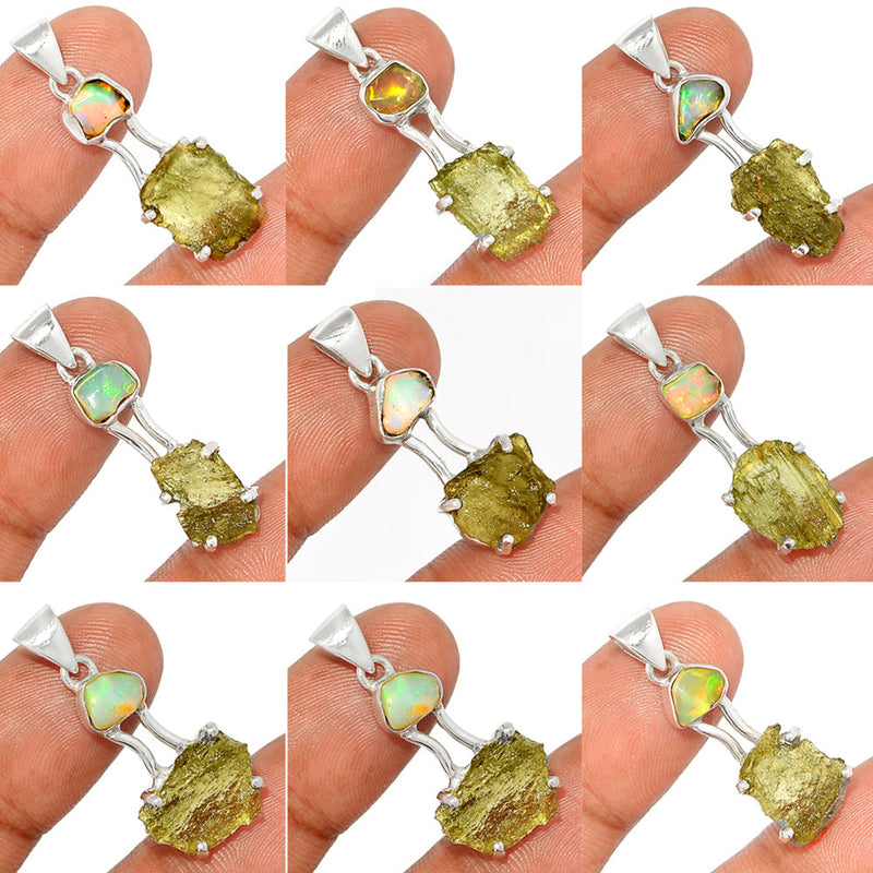 9 Pieces Mix Lot - Moldavite With Ethiopian Opal Polish Rough Pendants - GMLDP44