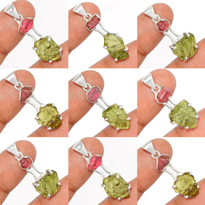 9 Pieces Mix Lot - Moldavite With Pink Tourmaline Rough Pendants - GMLDP45