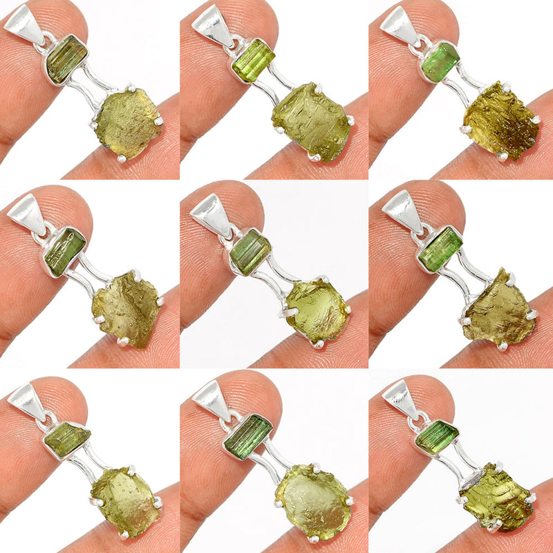 9 Pieces Mix Lot - Moldavite With Green Tourmaline Rough Pendants - GMLDP46