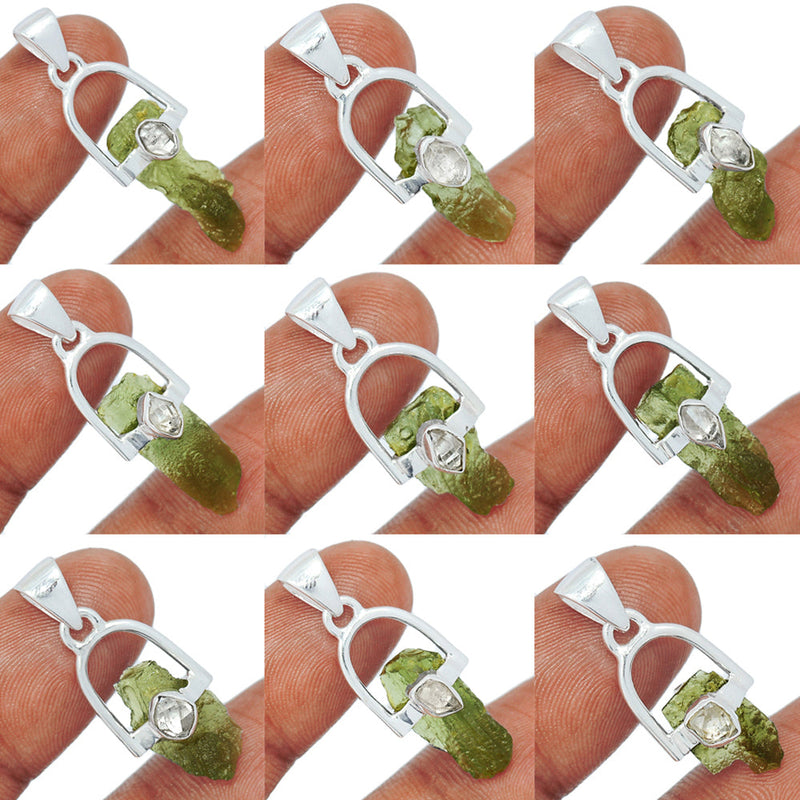 9 Pieces Mix Lot - Moldavite With Herkimer Diamond Pendants - GMLDP53