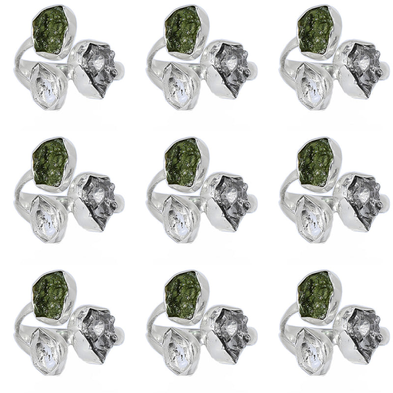 10 Pieces Mix Lot - Moldavite, Herkimer Diamond & Meteorite Campo Del Cielo Ring - GMLDR12
