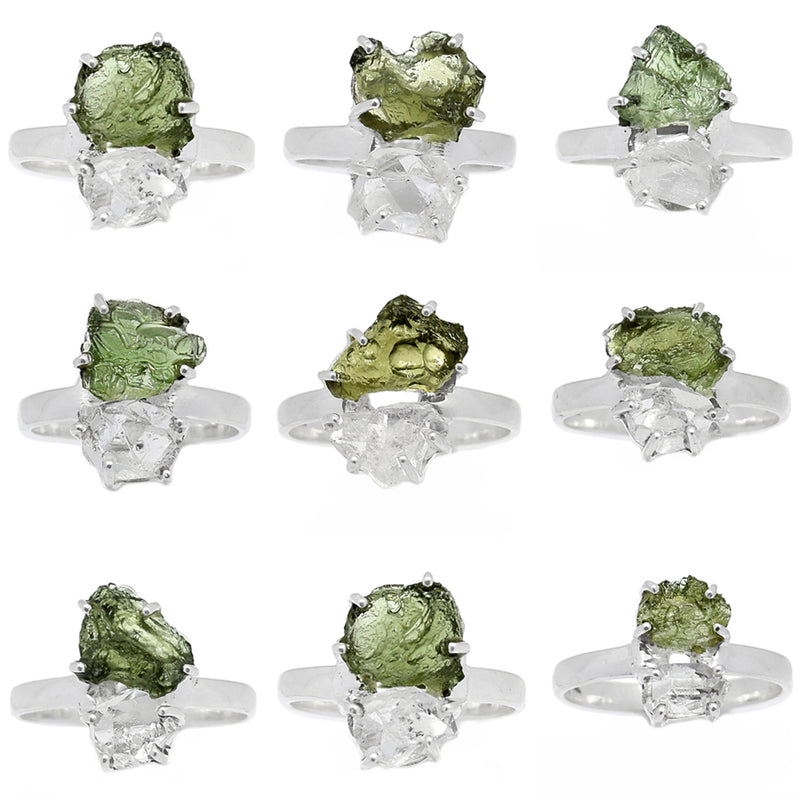 10 Pieces Mix Lot - Claw Setting - Moldavite With Herkimer Diamond Ring - GMLDR13