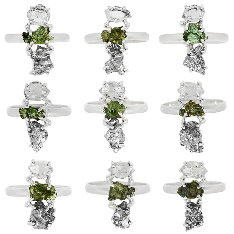 10 Pieces Mix Lot - Claw Setting - Moldavite, Herkimer Diamond & Meteorite Campo Del Cielo Ring - GMLDR14