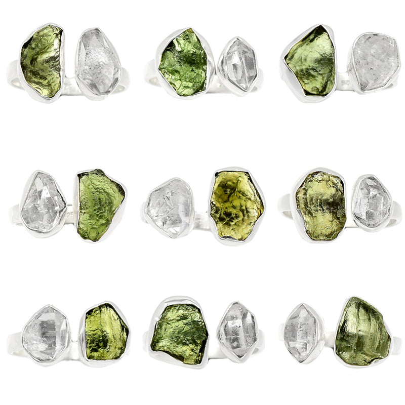 10 Pieces Mix Lot - Moldavite & Herkimer Diamond Ring - GMLDR16