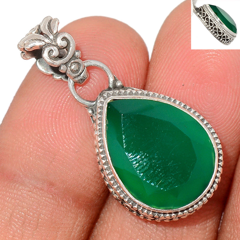 1.2" Fine Filigree - Green Onyx Faceted Pendants - GOFP197