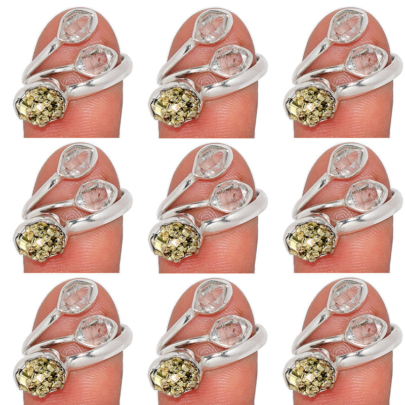 10 Pieces Mix Lot - Mexican Pyrite Druzy & Herkimer Diamond Ring - GPYDR4