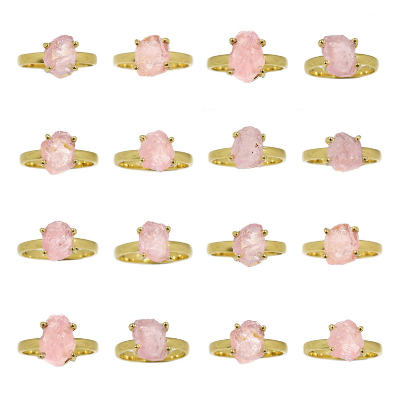 10 Pieces Mix Lot - 2.5 Micron 18k Gold Plated with Claw Setting - Rose Quartz Rough Rings - GRQRR7