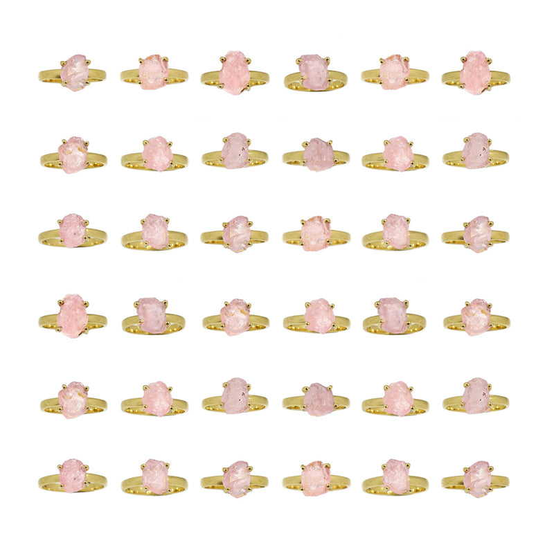 25 Pieces Mix Lot - 2.5 Micron 18k Gold Plated with Claw Setting - Rose Quartz Rough Rings - GRQRR8
