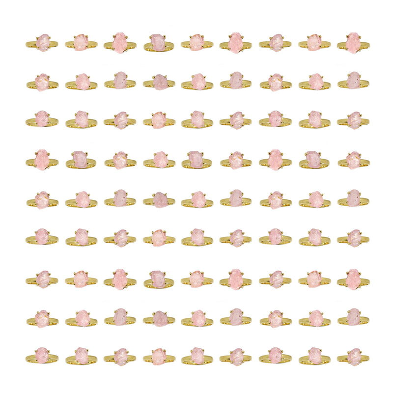 50 Pieces Mix Lot - 2.5 Micron 18k Gold Plated with Claw Setting - Rose Quartz Rough Rings - GRQRR9
