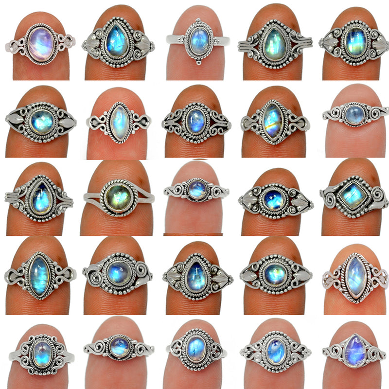 25 Pieces Mix Lot - Small Filigree - Blue Fire Moonstone Ring - GSFR31