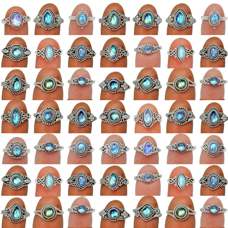 50 Pieces Mix Lot - Small Filigree - Blue Fire Moonstone Ring - GSFR32