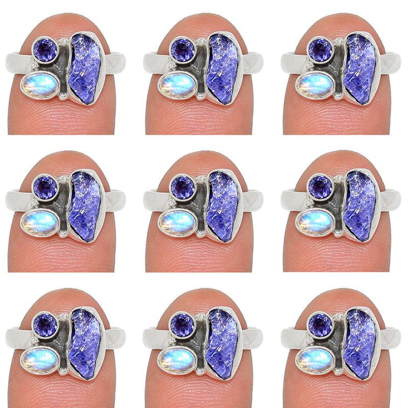 10 Pieces Mix Lot - Tanzanite Rough, Rainbow Moonstone & Iolite Ring - GTZRR13