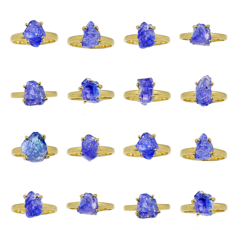 10 Pieces Mix Lot - 2.5 Micron 18k Gold Plated with Claw Setting - Tanzanite Rough Rings - GTZRR7