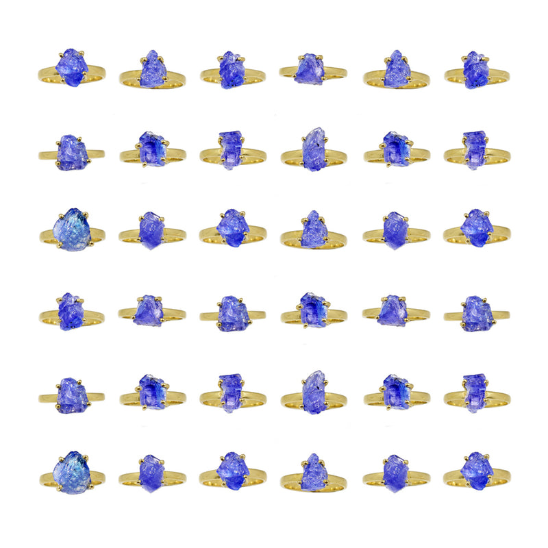 25 Pieces Mix Lot - 2.5 Micron 18k Gold Plated with Claw Setting  - Tanzanite Rough Rings - GTZRR8