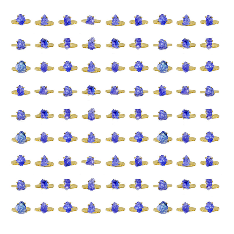 50 Pieces Mix Lot - 2.5 Micron 18k Gold Plated with Claw Setting  - Tanzanite Rough Rings - GTZRR9