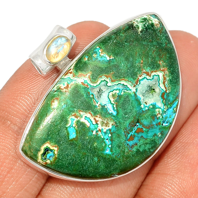 1.2" Malachite In Chrysocolla Druzy & Moonstone Pendants - MIDP146