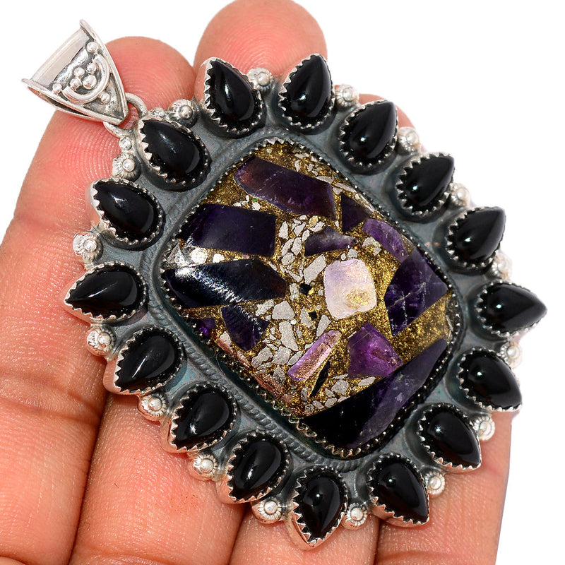 2.7" Jumbo - Amethyst In Pyrite & Black Onyx Pendants - MIXP82  Weight 40.3g