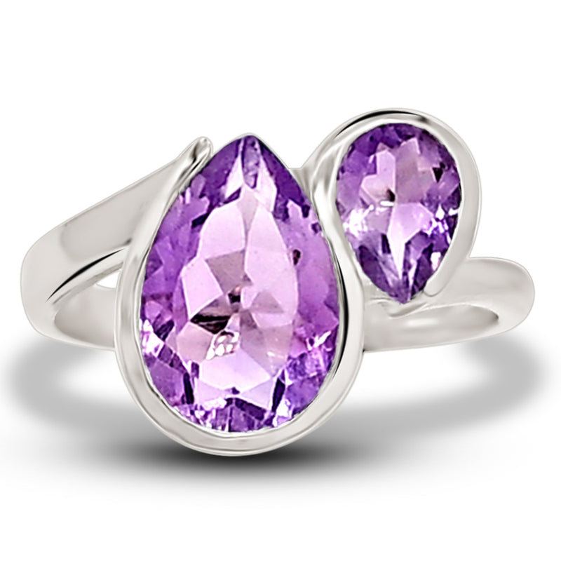 8*12 MM Pear - Amethyst Faceted Silver Ring - R5047A