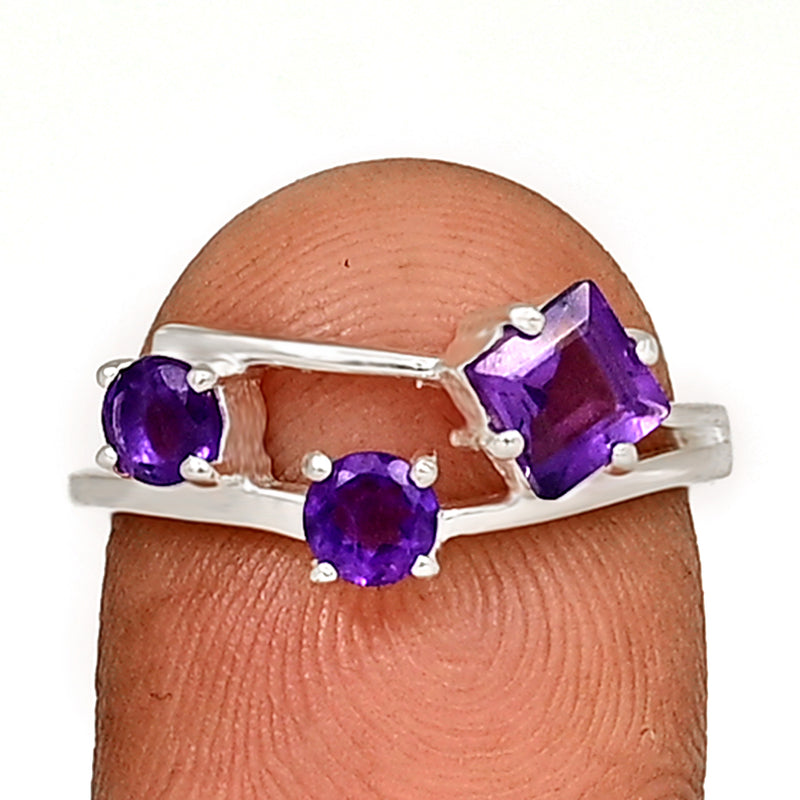 5*5 MM Square - Amethyst Faceted Silver Ring - R5051A