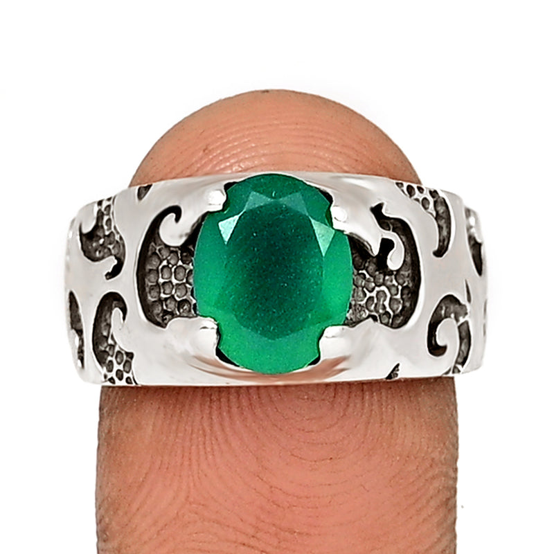 10*8 MM Oval - Green Onyx Faceted Silver Ring - R5057GO