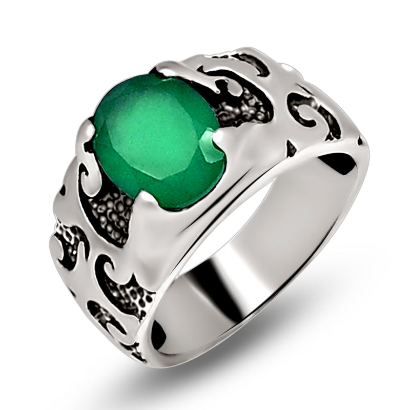 10*8 MM Oval - Green Onyx Faceted Silver Ring - R5057GO