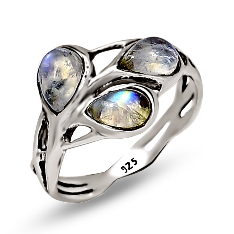 6*4 MM Pear - Rainbow Moonstone Cabochon Silver Ring - R5058RM