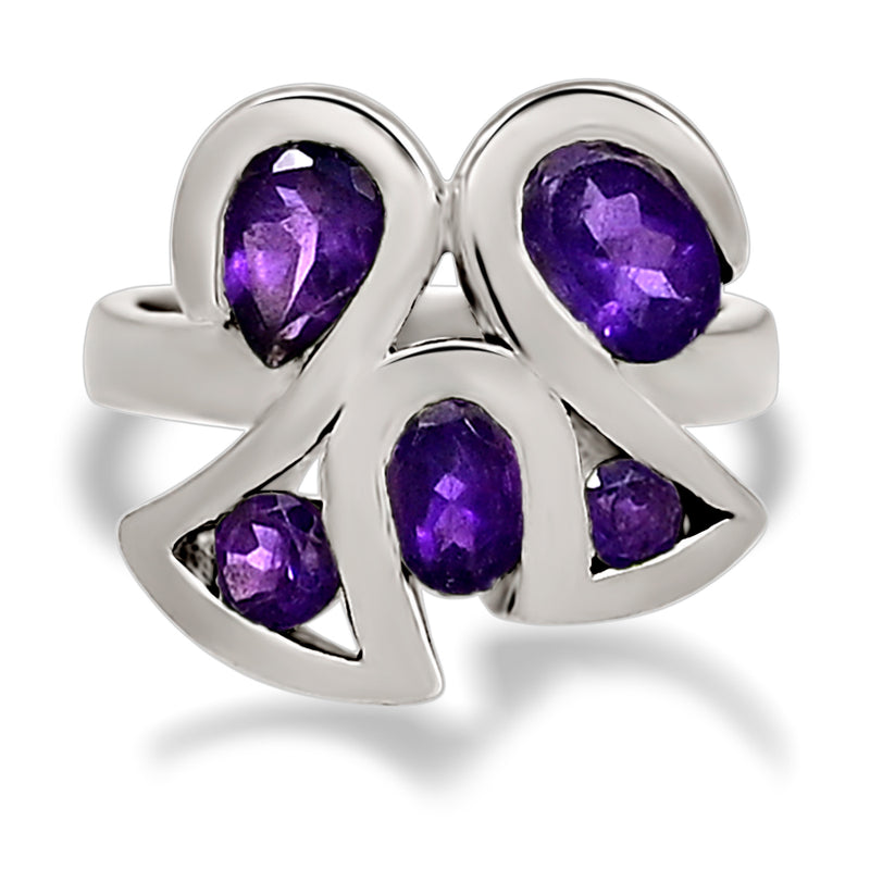 7*5 MM Pear - Amethyst Faceted Silver Ring - R5072A