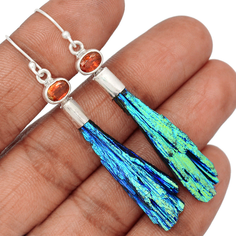 2.3" Rainbow Aura Kyanite  & Garnet Faceted Earrings - RAKE176