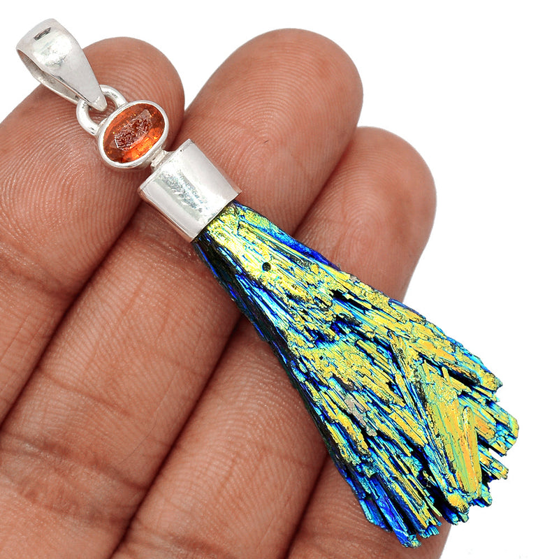 2.6" Rainbow Aura Kyanite & Garnet Faceted Pendants - RAKP393
