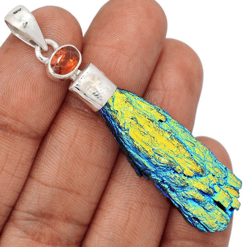 2.5" Rainbow Aura Kyanite & Garnet Faceted Pendants - RAKP399