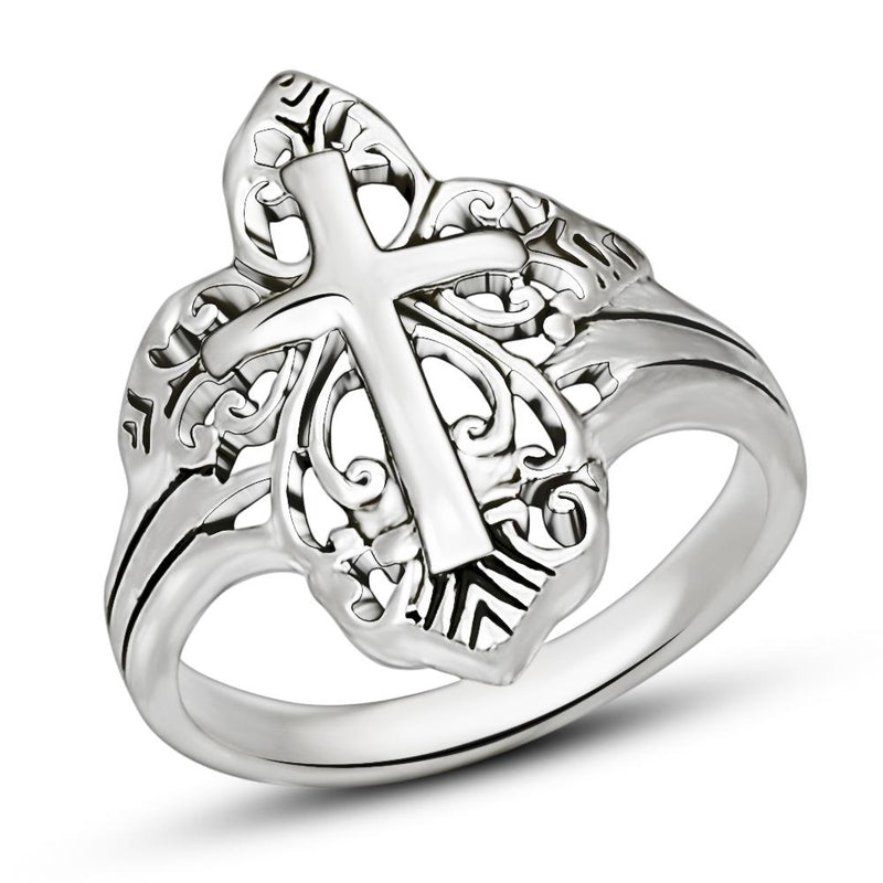 Filigree Swirl Cross Silver Jewelry Ring - SPJ2149