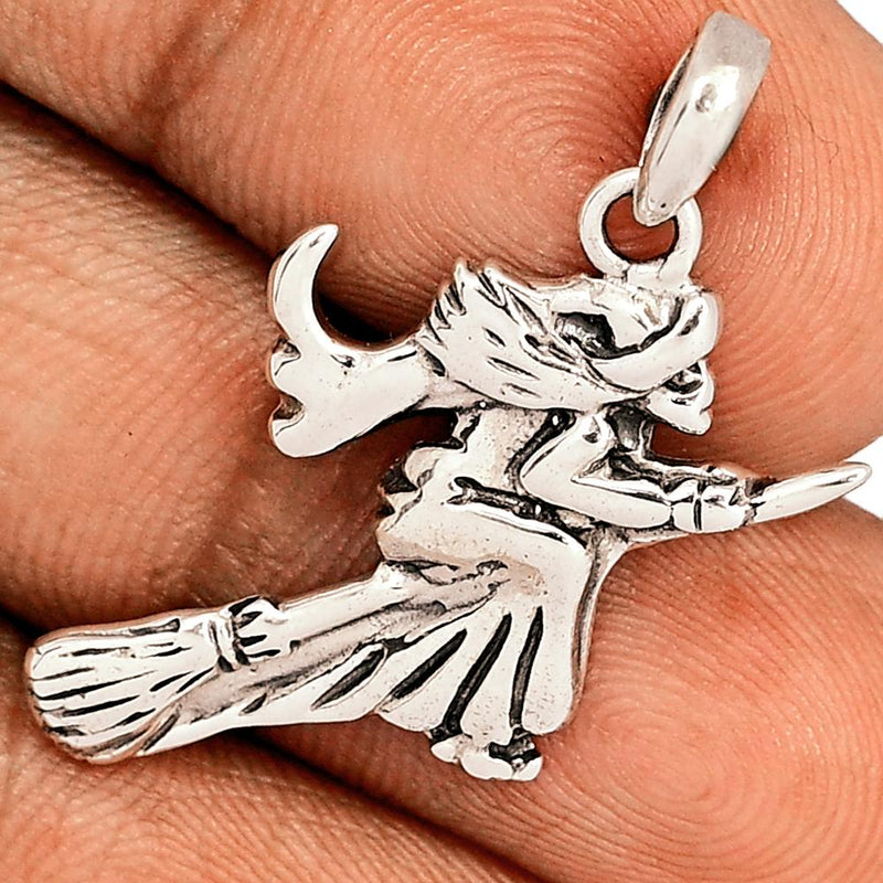 1.3" Witch On Broom Stick Silver Jewelry Pendants - SPJ2189