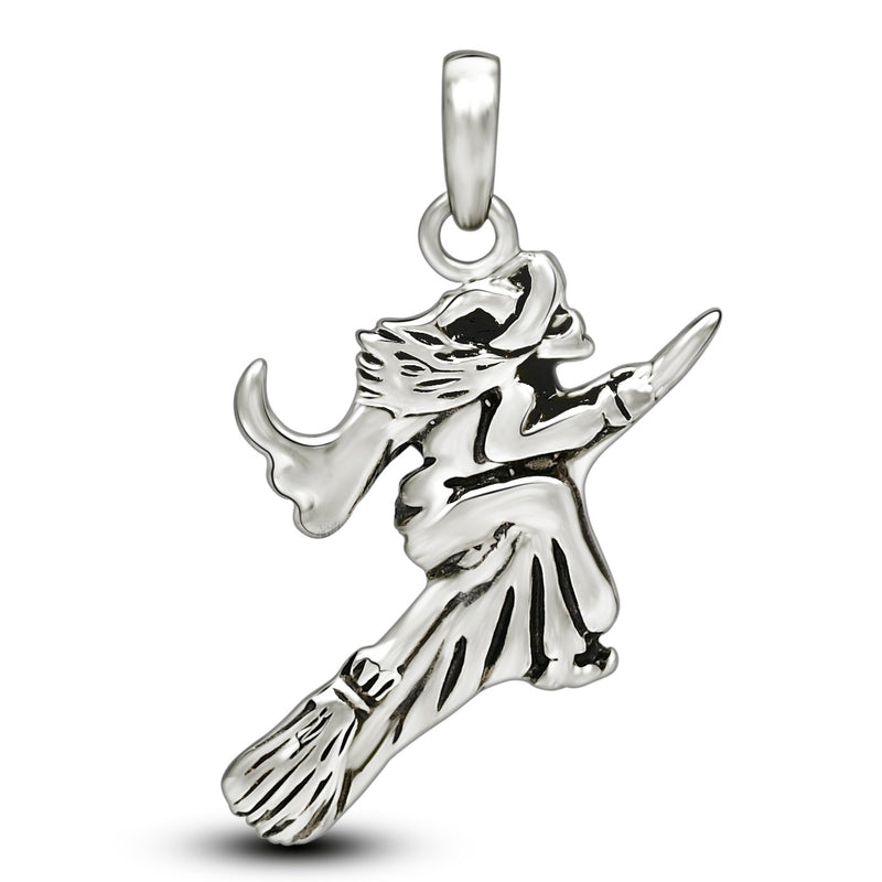 1.3" Witch On Broom Stick Silver Jewelry Pendants - SPJ2189