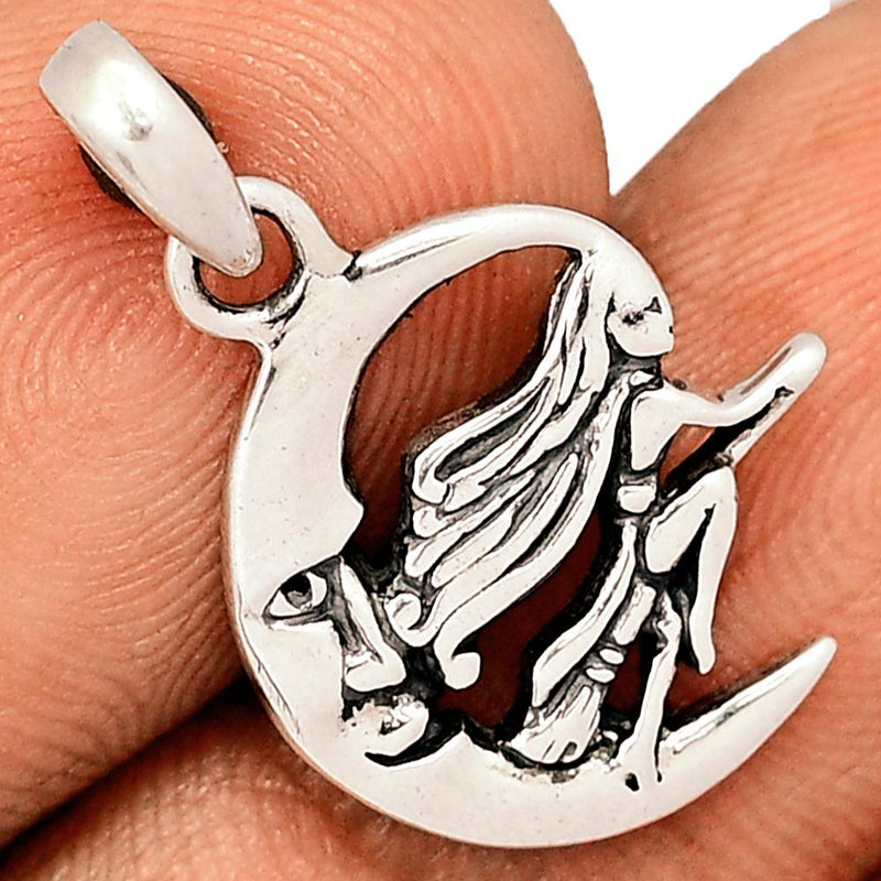 1" Moon Rider Witch On Broom SticK Silver Jewelry Pendants - SPJ2210