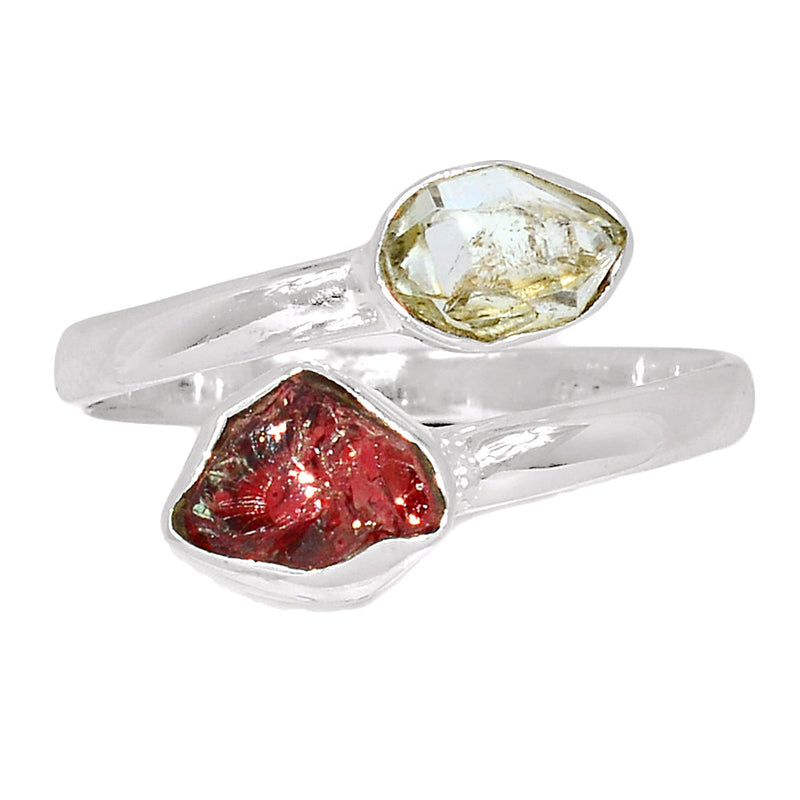 Designer - Garnet Rough & Herkimer Diamond Ring - DSNR30